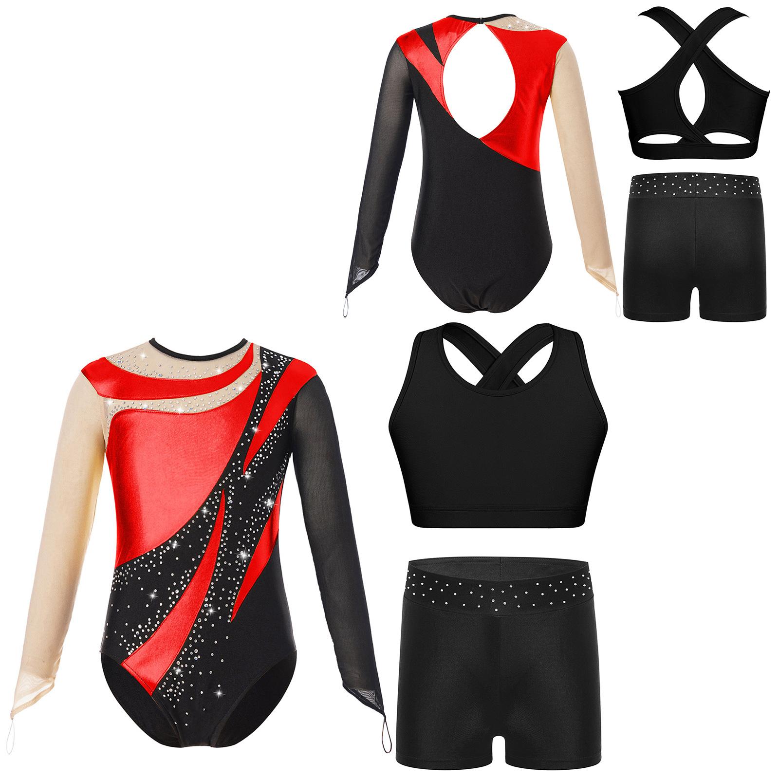 

3Pcs/Set Kids Girls Gymnastics Dance Outfit Mesh Long Sleeve Keyhole Back Contrast Color Metallic Leotard with Cross Back Vest and Rhinestones Shorts 5-6 Years червоний