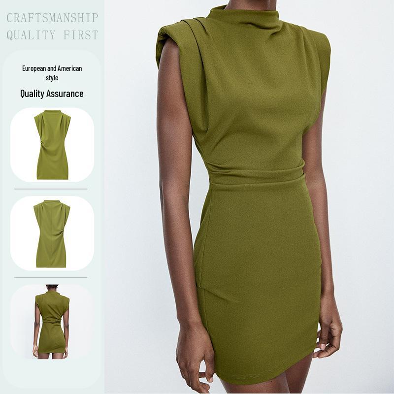 European & American Style Autumn/Winter Women's Bodycon Ruffled Sleeveless High-Neck Mini Dress with Waist-Slimming and Pad-Shoulder Design