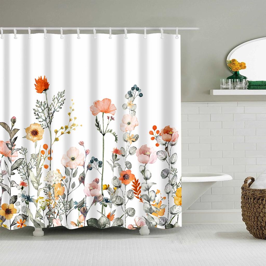 Garden Flower Shower Curtain Botanical Floral Printed Bathroom Curtain Polyester Fabric Home Decor Bathtub Screen with Hooks