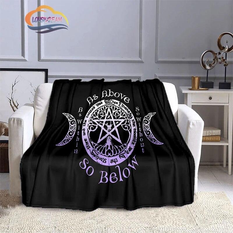 Pentacle & Moon flanellfilt, Skull Witchy Wicca Pagan Black and White Mystical Gothic Solfilt