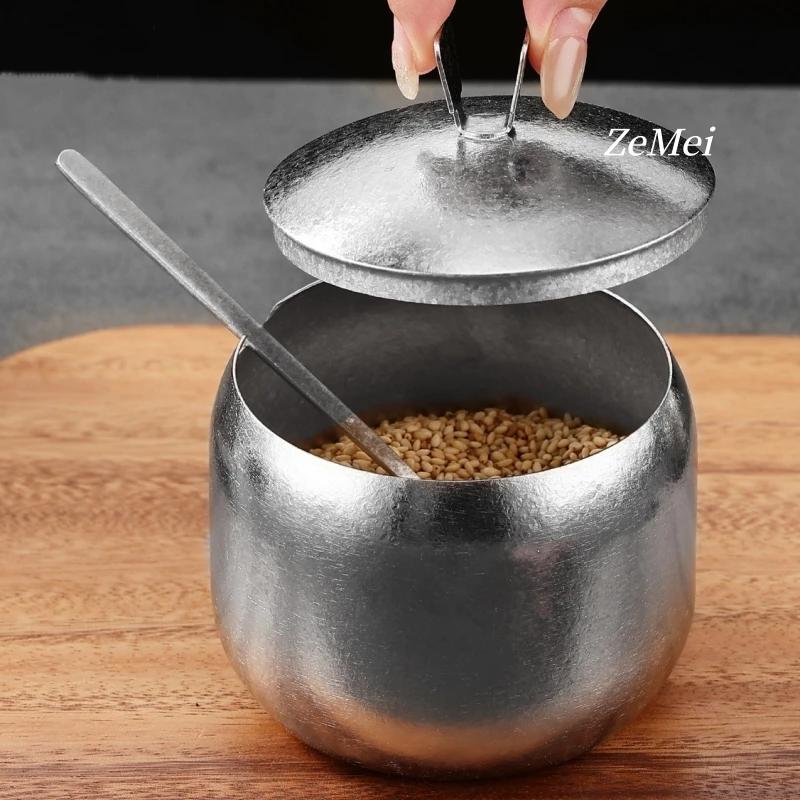 Silver Pure Titanium Seasoning Jar, With Lid And Spoon,Kitchen Tools Spice Container Salt Organizer,Coffee Beans Storage Jar