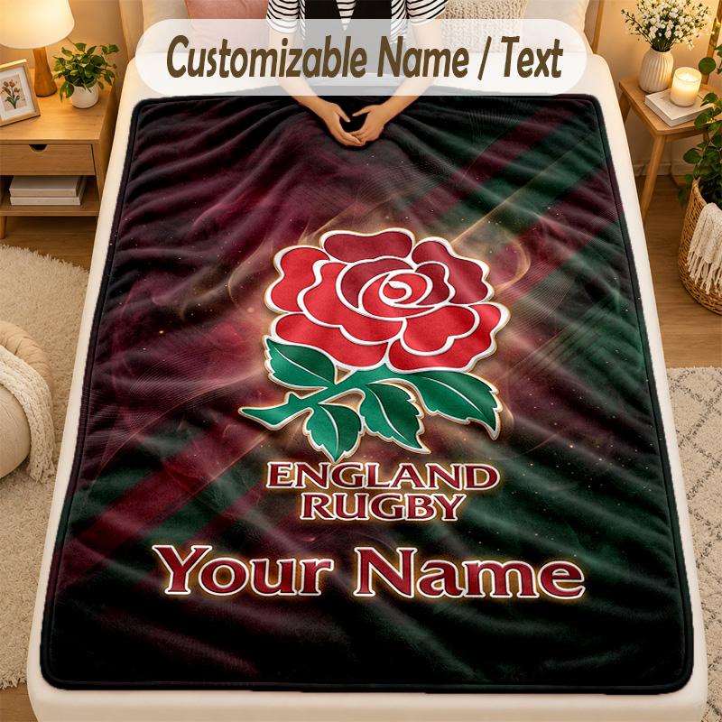 Flannel BlanketEngland Rugby Custom Name Text Personalized Soft Warm Throw Blanket Home Decor Gift