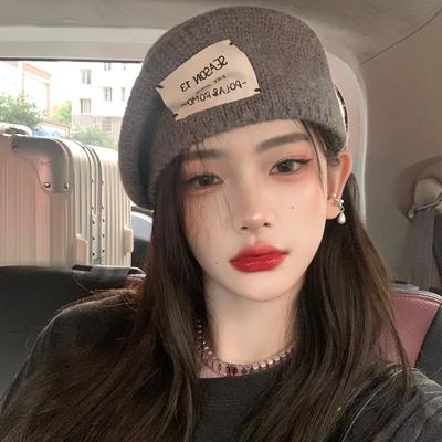 Porridge Cocoa Knitted Hat Woolen Hat Label Beret Women Autumn and Winter Versatile Warm Big Head Painter Hat