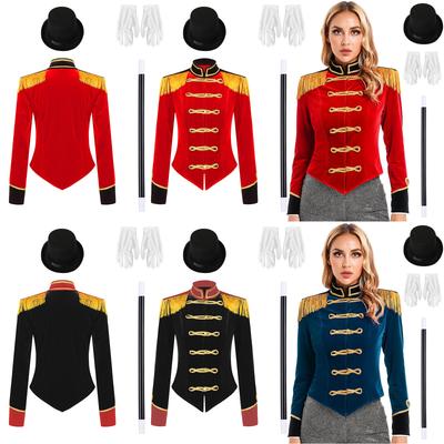 Magician & Ringmaster Role Play Costume for Women S-3XL: Stand Collar Jacket with Golden Trim, Includes Hat, Gloves & Magic Wand