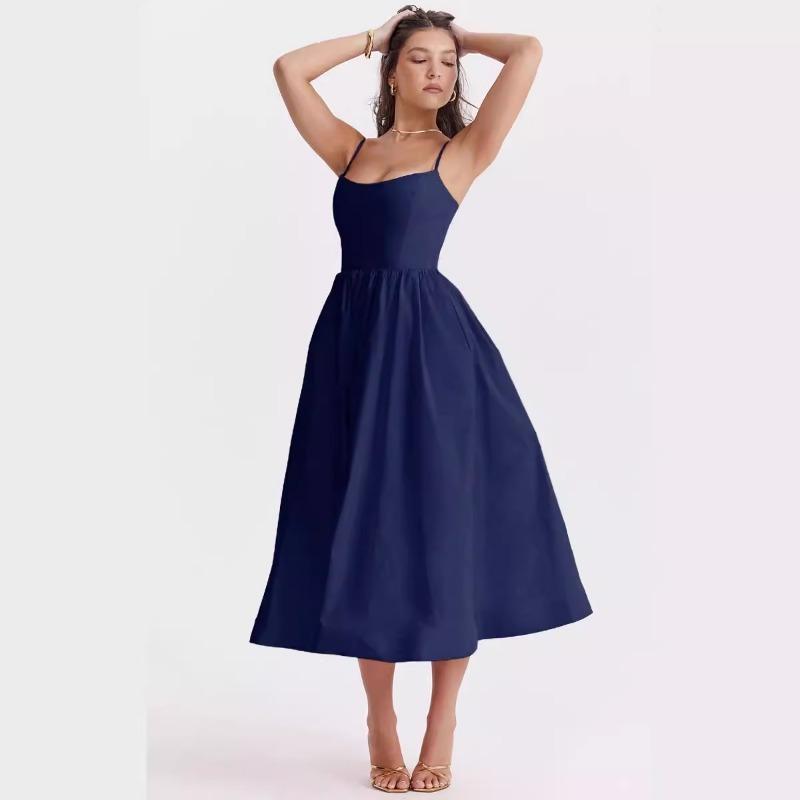 Vestido de Verão Solto com Suspensório Moda Novo Elegante Feminino Sem Mangas Decotado Linha A Vestidos de Festa Simples Cor Sólida Roupas Femininas