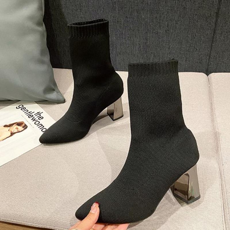 Women's fashion chunky single boots autumn new pointed mesh hollow breathable temperament non-slip short boots