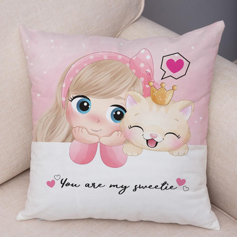 Lovely Girl and Cat Pillowcase Decor Cute Cartoon Child Cushion Cover Pillow Case for Children Room Sofa Home Car 45x45cm