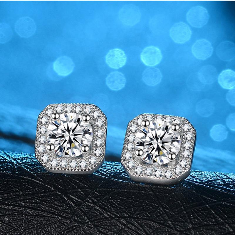 Runxin 50-Point Sugar Cube Earrings for Women with Sparkling Micro-Inlaid Zircon