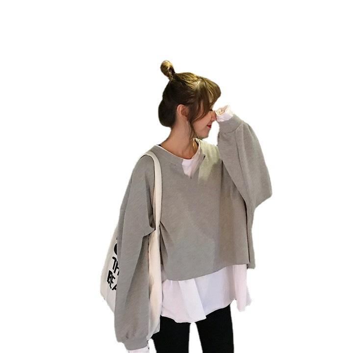 False Two Pieces Containing Cotton Design Sense Loose Sweater Female Thin Section Splicing Bottoming Shirt Literary Style Long-sleeved T-shirt Female