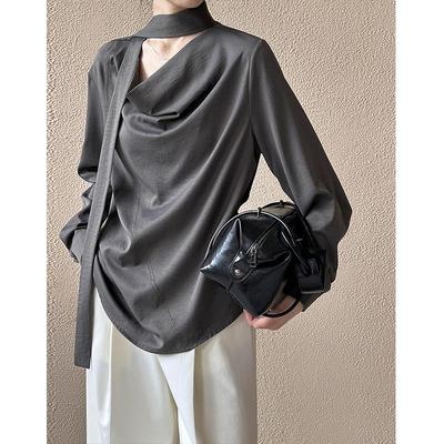 Camisa Feminina de Alta Qualidade Laranja Zhi 2025 Outono Inicial Coreana com Gola Halter e Laço