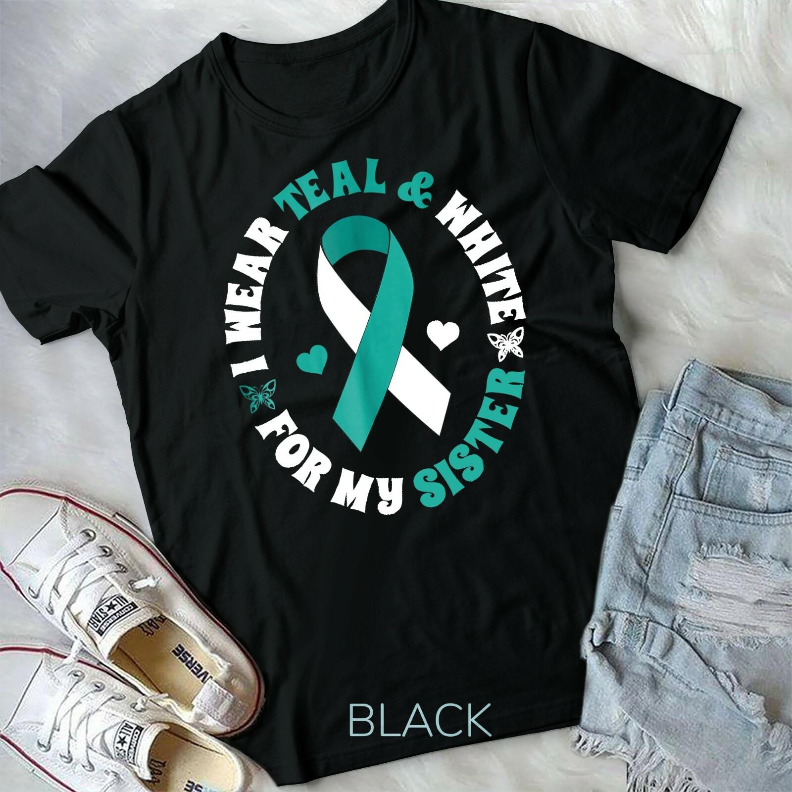 I Wear Teal White For My Sister Cervical Cancer Ribbon Shirt Unisex Youth Tshirt S