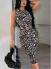Women's Leopard Print Plaid Sleeveless Top & 7-Point Pants Set - Elegant & Sexy Casual Fashion