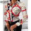 QICED Women's Fashion Casual Solid Color Print Long Sleeve POLO Neck Blouses & Shirts