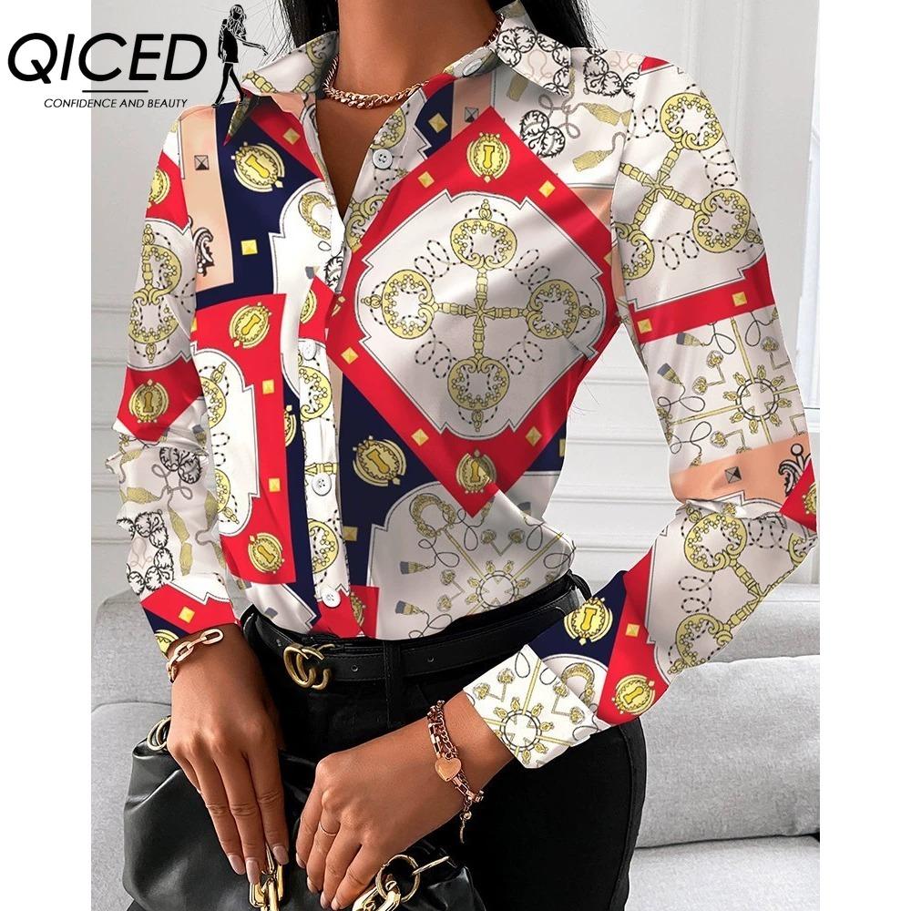QICED Women's Fashion Casual Solid Color Print Long Sleeve POLO Neck Blouses & Shirts