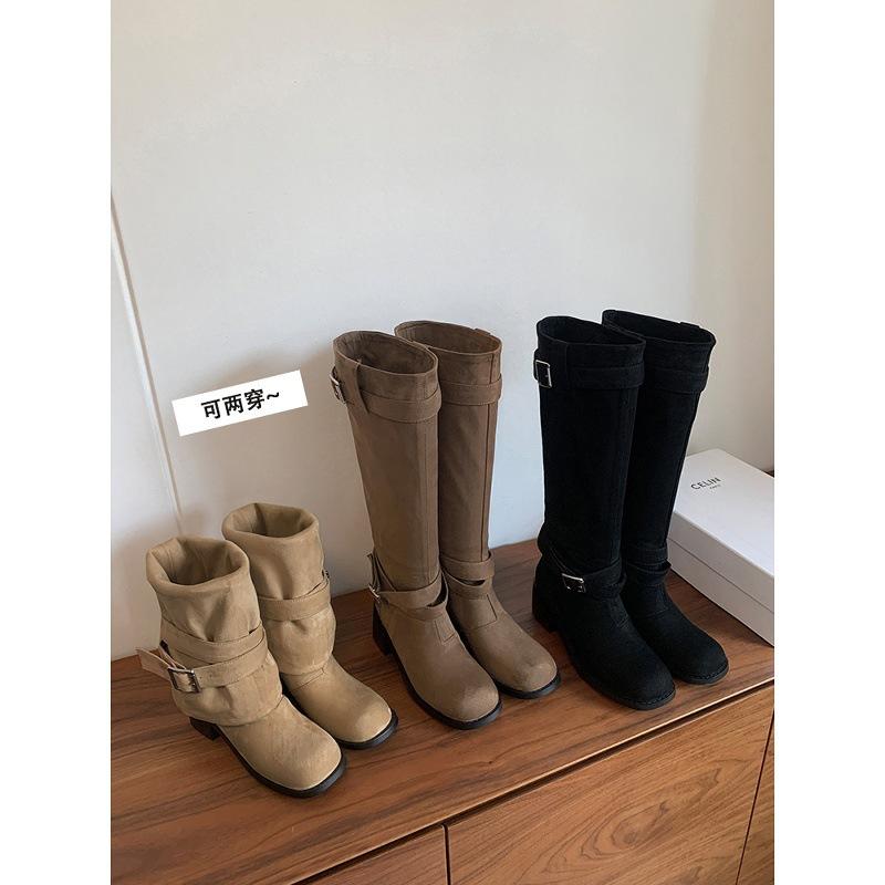 Cowhide Version Pleated Stacked Fashion Boots Women's Thick Heel Thin Versatile Suede Boots Western Boots Tall Knight Boots