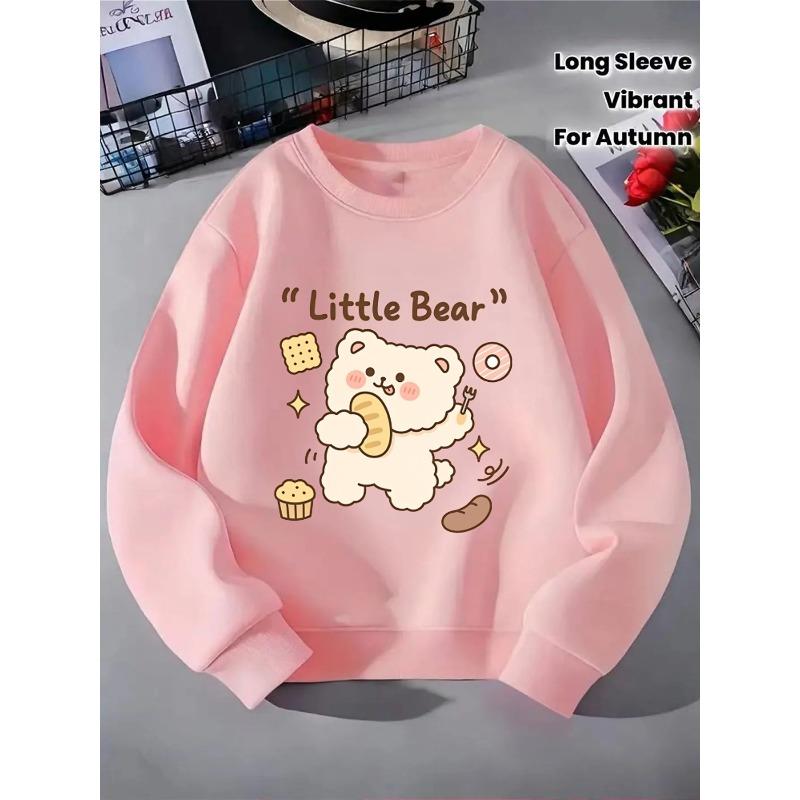 European sizes Kids' Crewneck Sweatshirt - Cute Bear Holding Bread And Fork , Sportswear And Casual Wear, Soft And Comfortable, Children's Clothing
