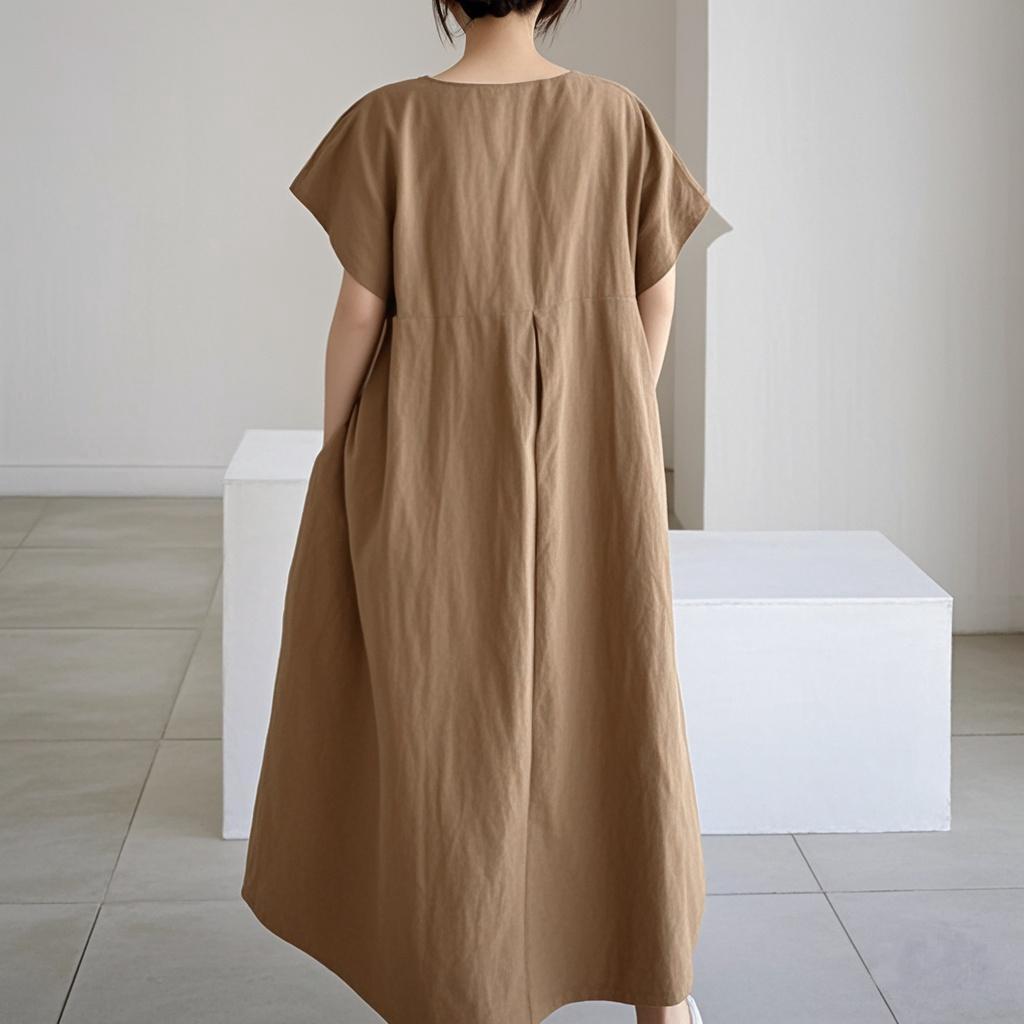 Abito da Donna Primavera Estate Cotone-Lino Ampio Girocollo alla Moda Taglie Forti Manica Corta Casual Comodo Lungo