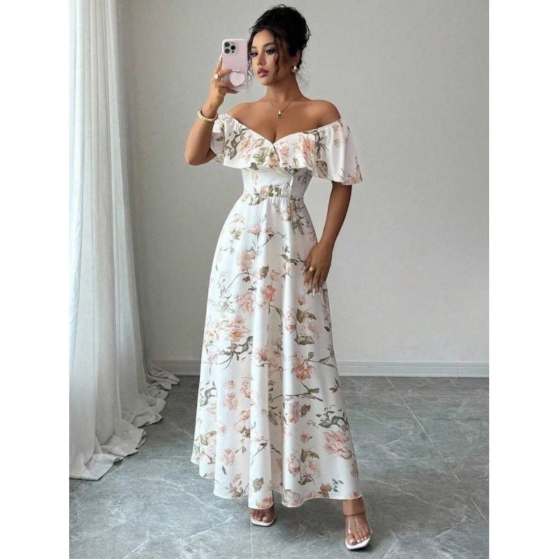Europe, America 2026 Summer New Temperament Fashionable Ruffle Edge A Word Floral Elegant Dress Women