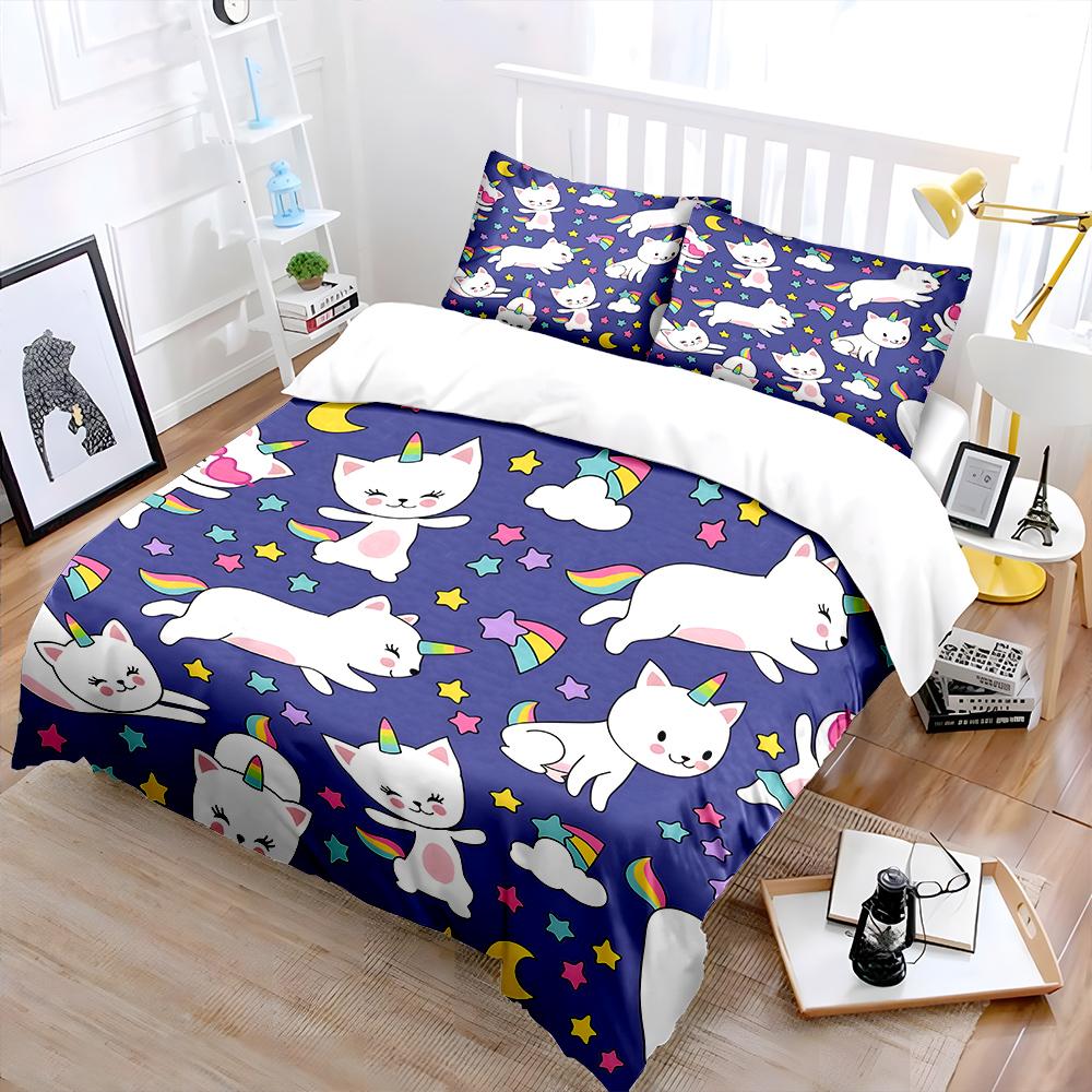 Unicorn cats and stars pattern Print Bedding Set 1 Duvet Cover 2 Pillowcases for Adult and Children Luxury Gift Full Size