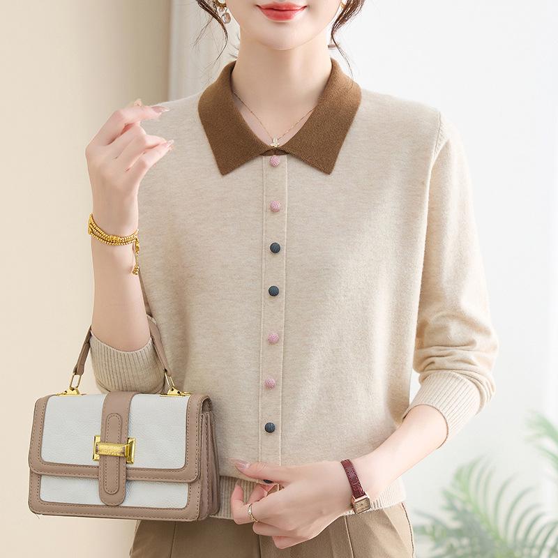 

Spring Knit Lapel Sweater - Stylish Base Layer for Middle-Aged and Elderly Women 3XL (recommended 120-135 jin) бежевый