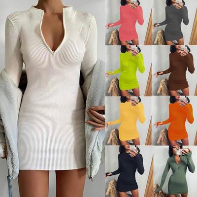 Autumn and Winter Women's Dress Trend Long Sleeve Dresses Versatile Neckline Zipper Sexy Slim Waist Skirt