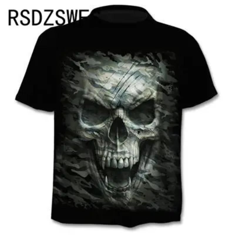 Round Neck 3D Skull Printed Top Fashionable Casual Short Sleeved Men's T-shirts - Soft Medium Stretch Polyester Fabric Summer Relaxed Fit Clothing