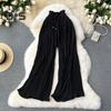 Pantaloni pentru femei cu talie înaltă elastică, cu șnur ajustabil, stil plisat, pantaloni largi, pantaloni casual de culoare solidă