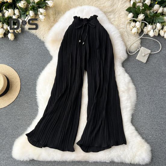 Pantaloni pentru femei cu talie înaltă elastică, cu șnur ajustabil, stil plisat, pantaloni largi, pantaloni casual de culoare solidă