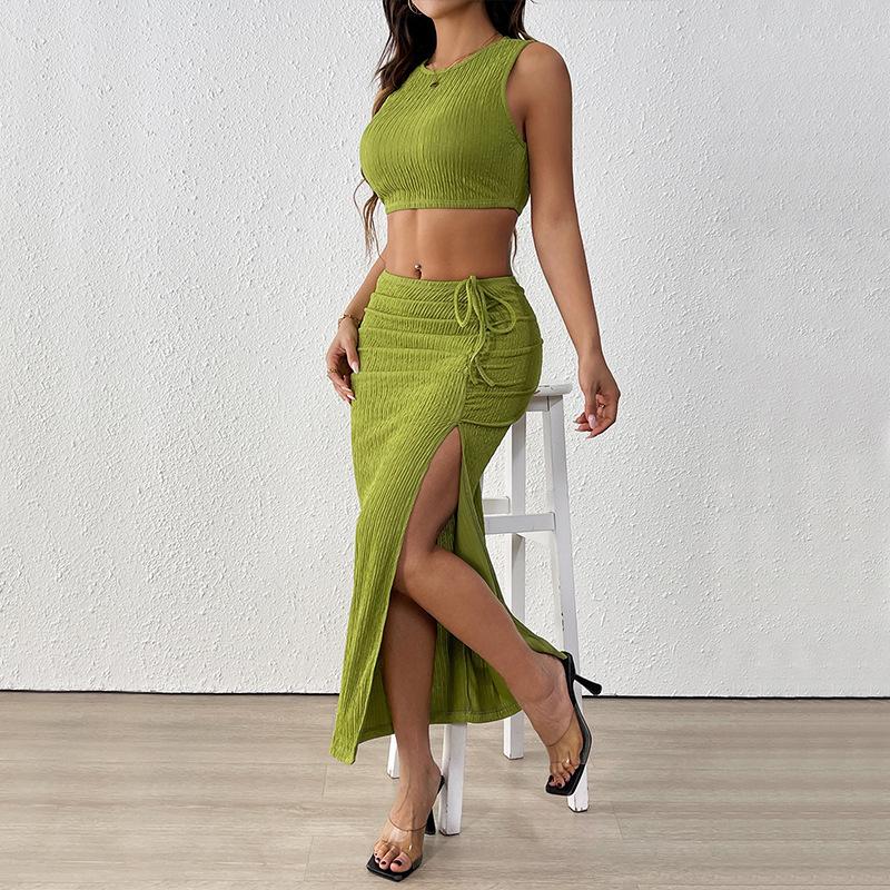 Women Textured Ruched Drawstring Crop Tank Top & Slit Maxi Skirt Two Piece Set
