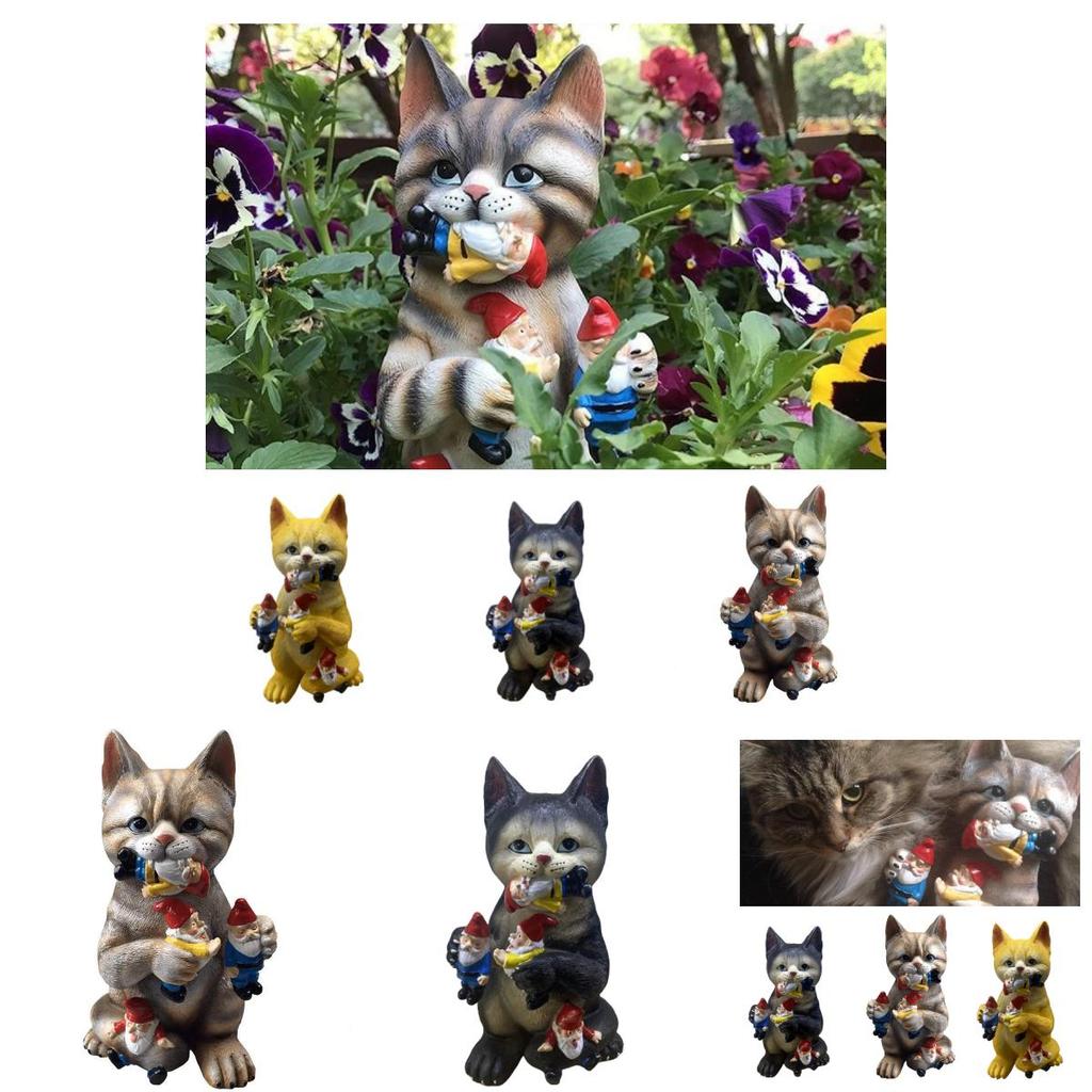 Whimsical Garden Decor Resin Statue Of Cat With Dwarf Handcrafted
