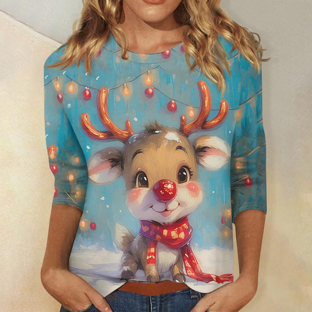 Ladies' Christmas Printed Fashionable Casual Seven Quarter Sleeved Round Neck Top