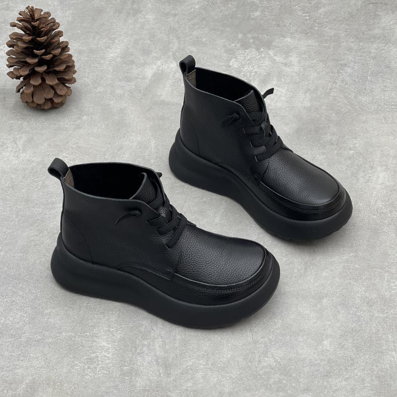Fashion GKTINOO Lace Up Women Ankle Boots Round Toe Platform Shoes Woman Short Boots Thick Soled Handmade Genuine Leather Women Shoes