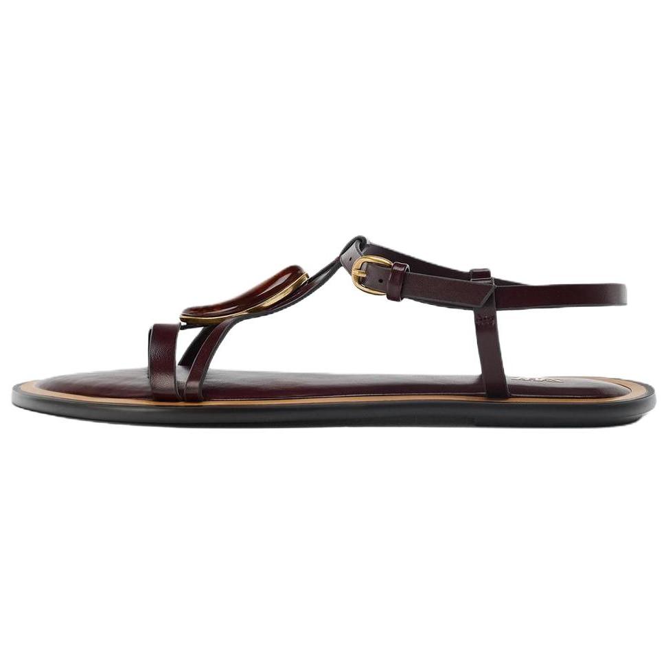 ZARA Leather Horsebit Detail Toe Loop Flat Sandals Burgundy Womens 2646610700 36 6990₽