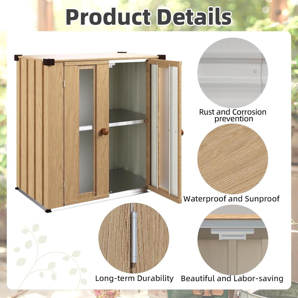 YODOLLA Outdoor Metal Vertical Storage Cabinet, Waterproof Small Tool Cupboard for Backyard Garden - Wooden