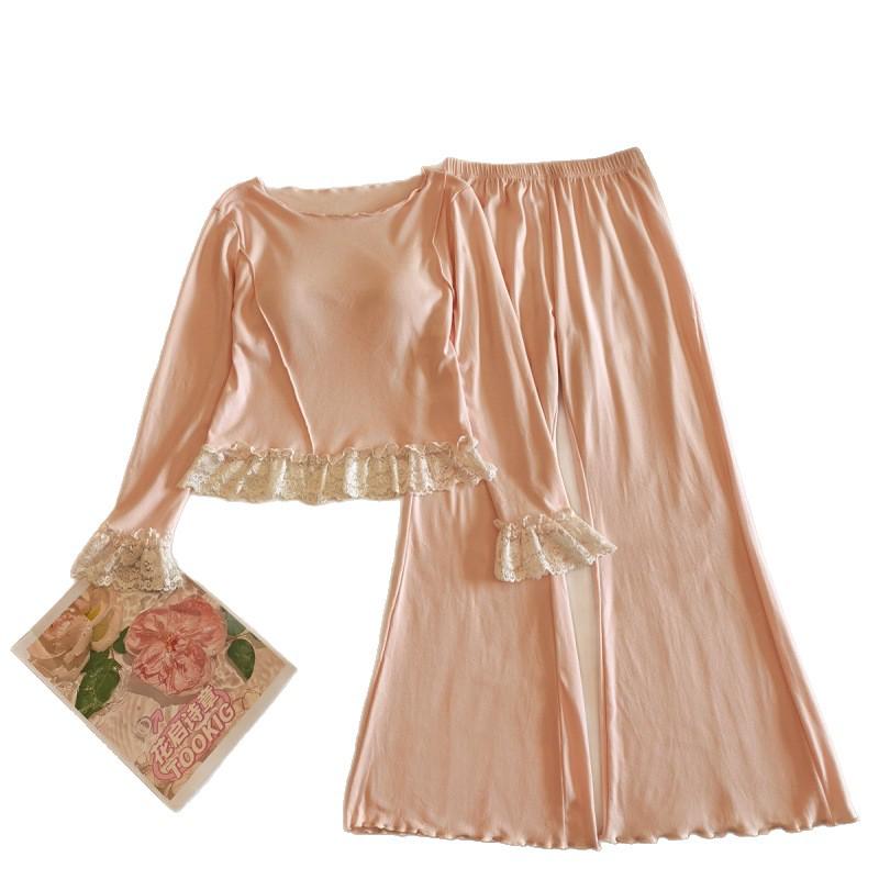 Women's Lace-Trim Pajama Set with Chest Pads - Long Sleeve & Pants, Sweet Influencer Style, Cotton Homewear for All Seasons