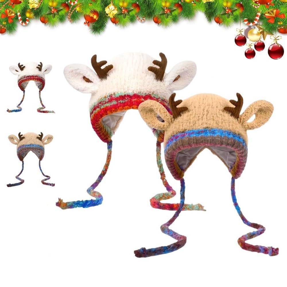 Knitted Reindeer Beanie Practical Christmas Elk Hat Convertible Reindeer Hat Warm Foldable Antler Cap For Family Photos Travel