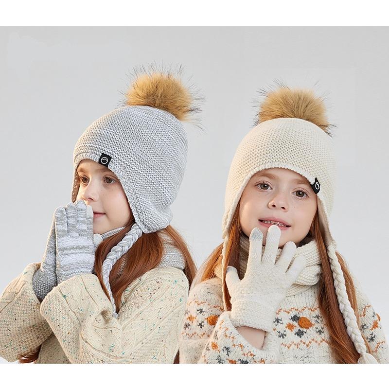 Winter Boys and Girls Baby Children's Hat, Scarf, Gloves, Three Piece Set, Outdoor Velvet Warm Ear Protection, Knitted Yarn Hat