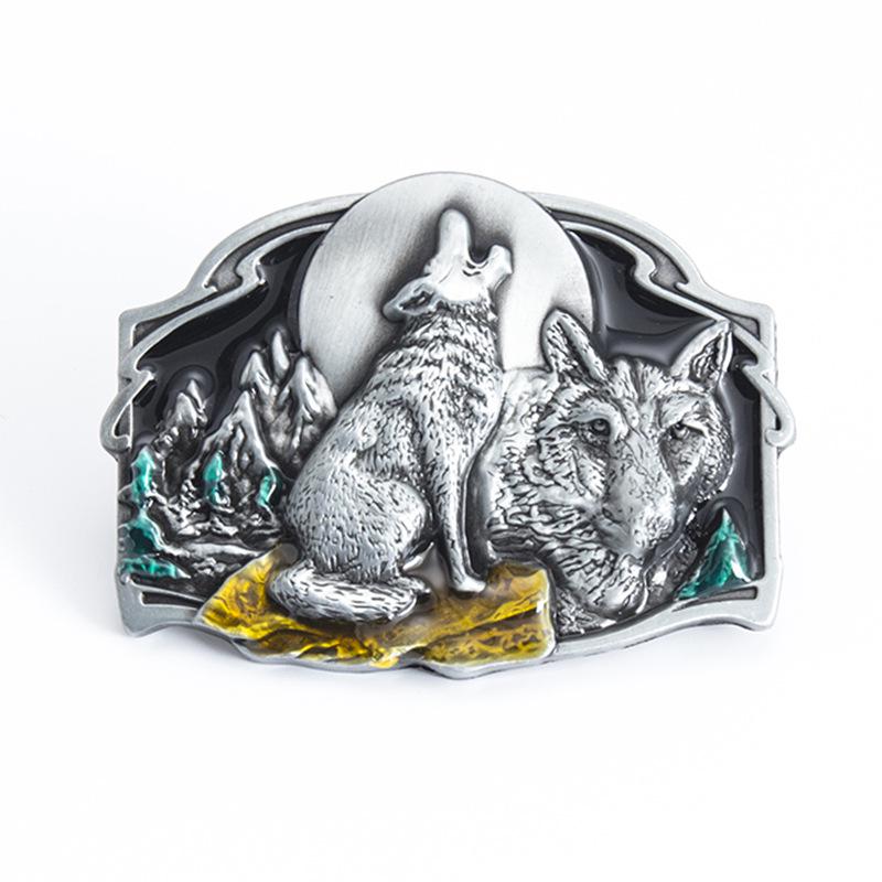 Moonlit Wolf Retro Leather Cowboy Belt Buckle