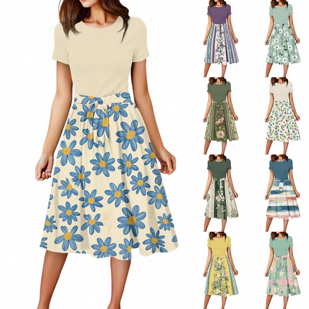 Women's Casual Fashion Belted Floral Printed Short Sleeve Round Neck Elegant Flowing Dress