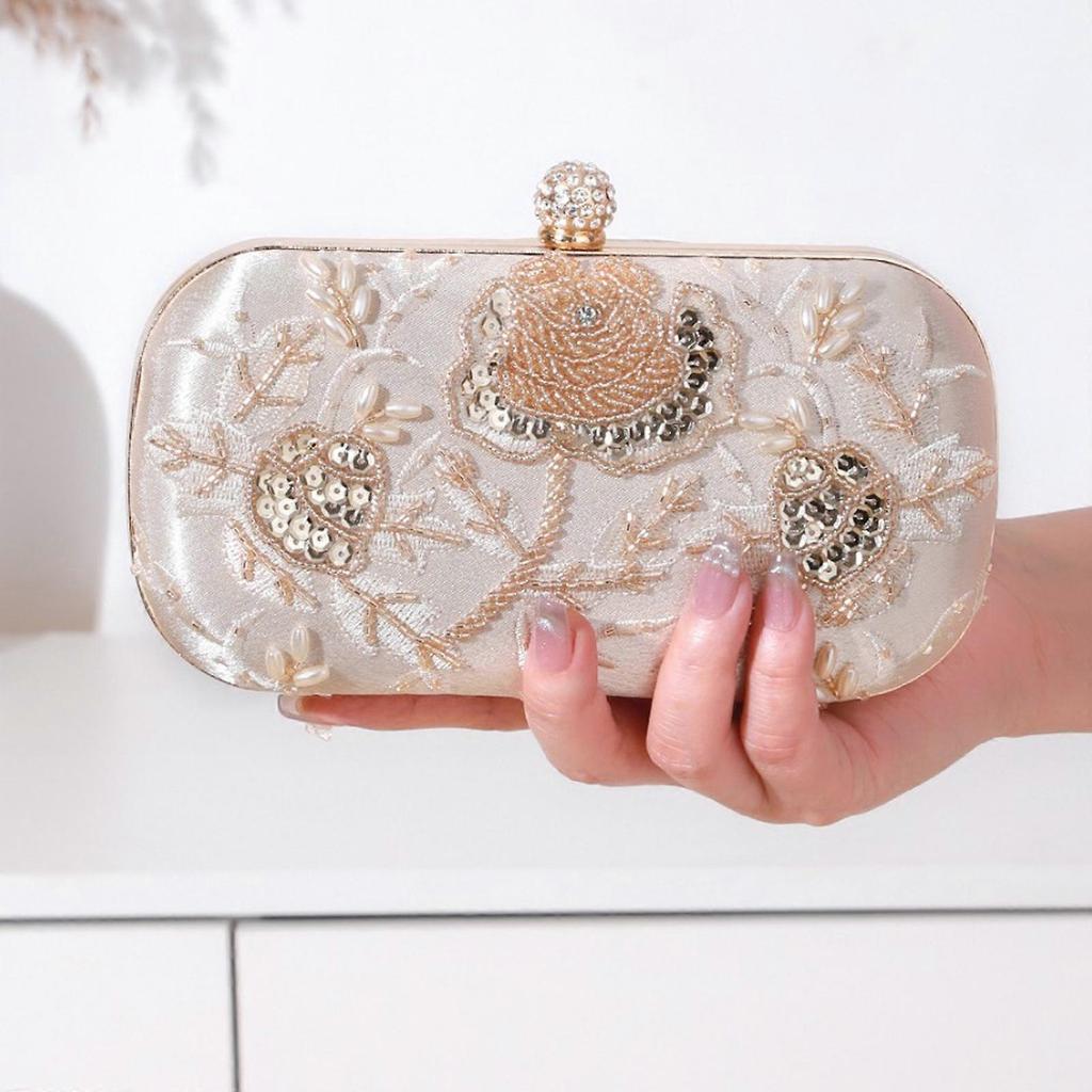 Elegant Floral Embroidered Beaded Bag Evening Bag For Women Lightweight Polyester Multipurpose Shoulder Handbag Silver