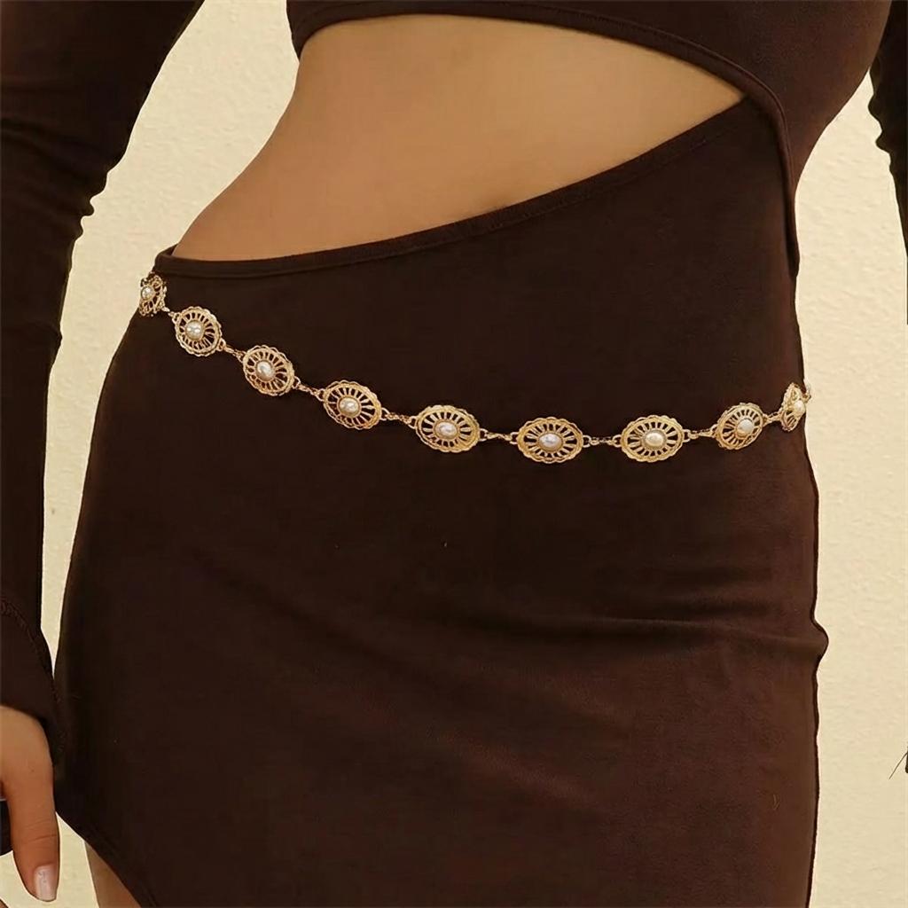 Vintage Gold Color Waist Chain for Women Elegant Hollow Oval Imitation Pearl Link Belly Chain Girl Beach Party Versatile Jewelry