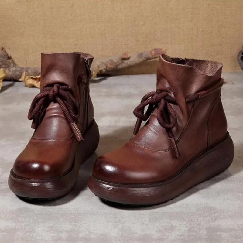 Johnature Genuine Leather Thick Soled Women's Wedges Short Boots Vintage Women's Platform Shoes