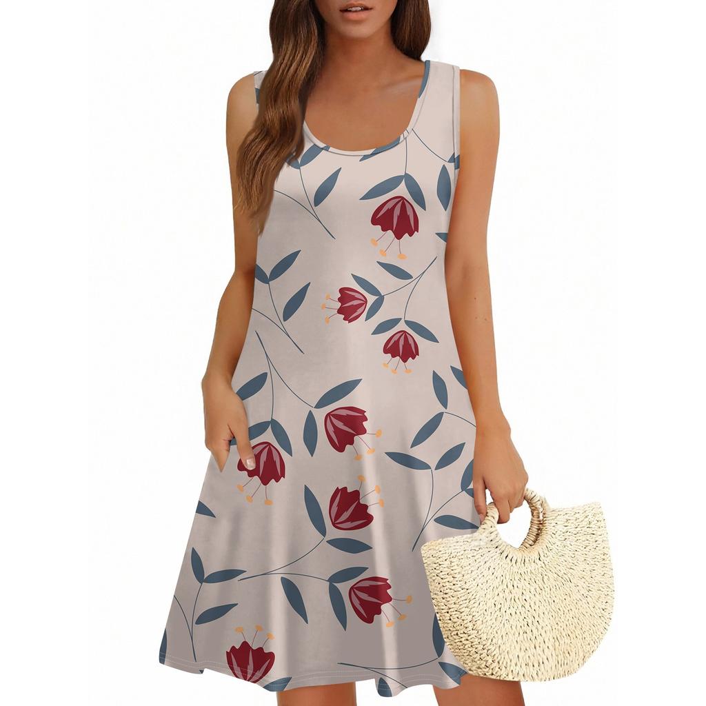 Women's Summer Casual Square Neck Floral Print Dress Sleeveless Dress With Pockets