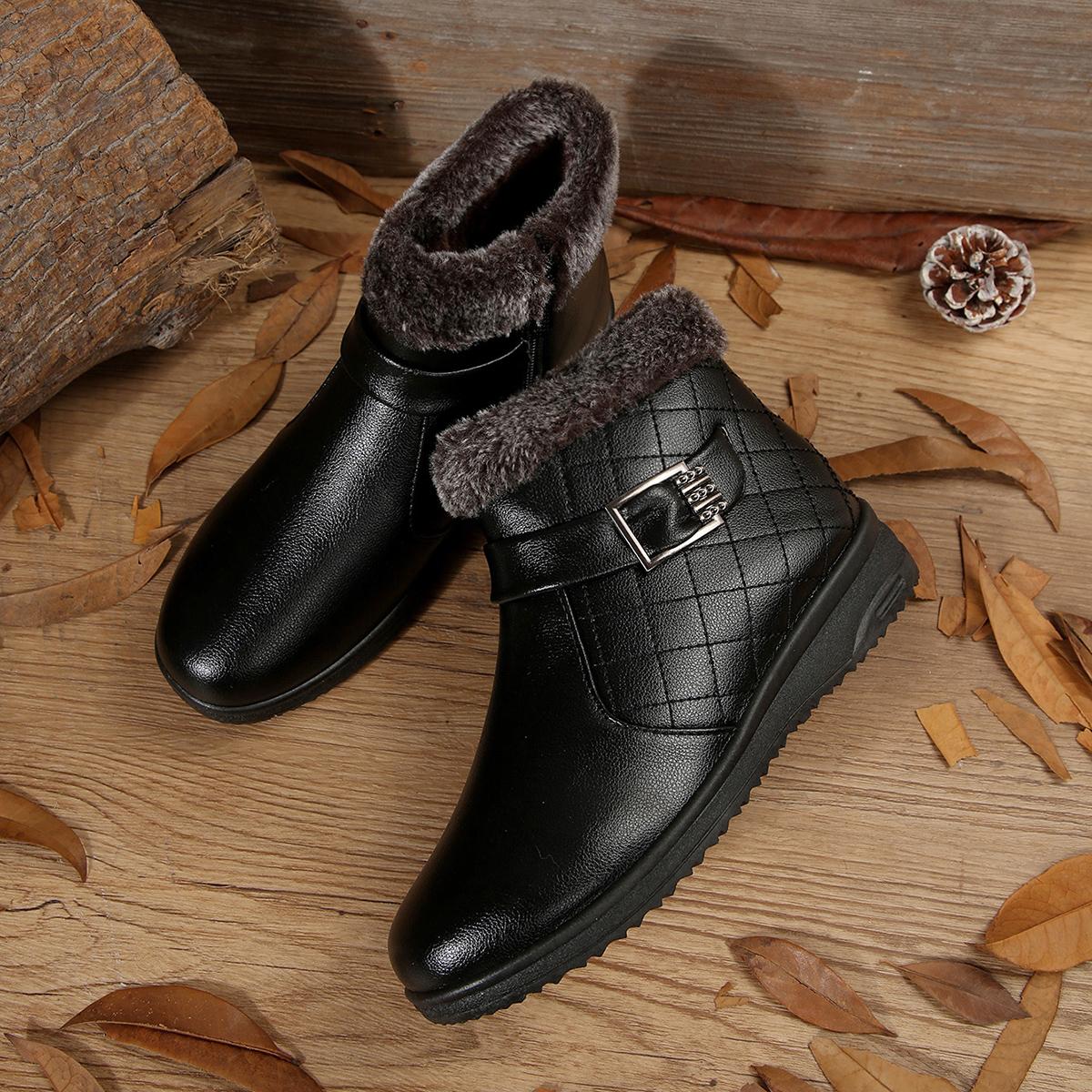 

Женские зимние теплые кожаные ботильоны с манжетой из искусственного меха, боковой молнией и регулируемой пряжкой, удобная обувь на плоском каблуке, цвет 36-41 38 чёрный