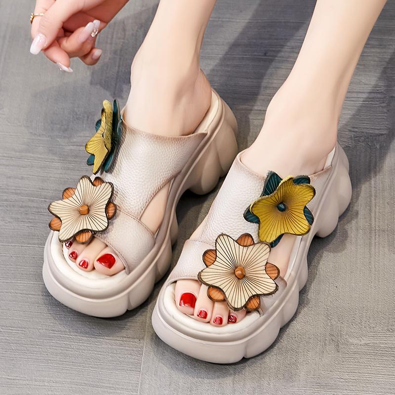 GKTINOO Genuine Leather Sandals Floral Women Slippers Summer Shoes Platform Outside Slides Thick Soles Leisure Ladies Slippers