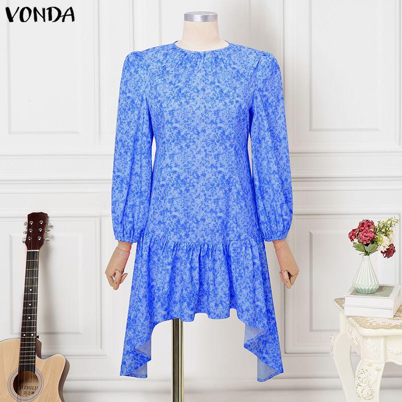 

VONDA Женское повседневное платье с круглым вырезом, длинным рукавом, цветочным принтом, нерегулярными оборками 5XL синий