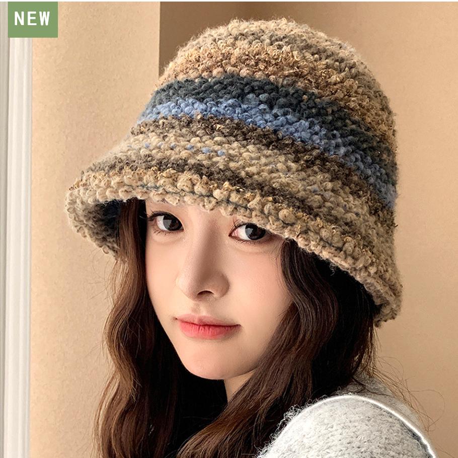 Colourful Knitted Bucket Hat Women Korea Autumn Winter Warm Dopamine Warm Fisherman's Hat Star Model Thickened