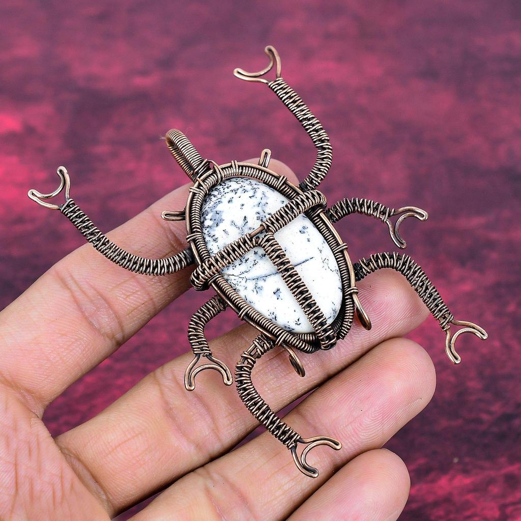 Dendrite Opal Gemstone Pendant Unique Beetle Pendant Copper Wire Wrapped Jewelry