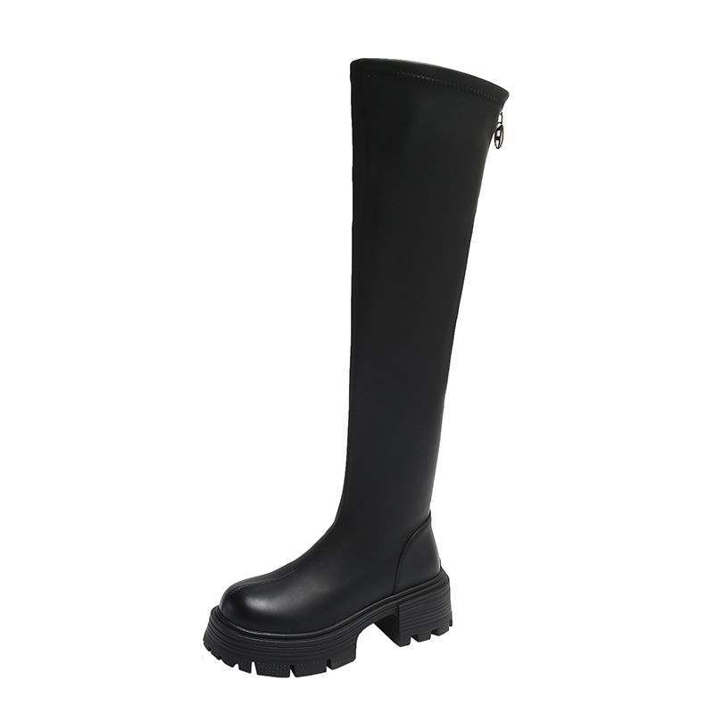 6Cm autumn and winter velvet soft leather thick-soled high-heeled knee boots women's black rear zipper round head thick-heeled high boots