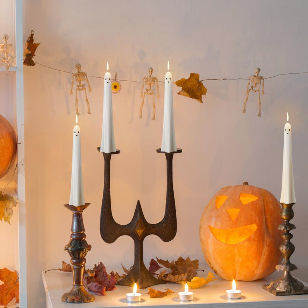 Flameless Flickering Taper Candles With Remote And Timer, Battery Operated Real Wax Spooky Face LED Candles Fireplace Halloween Holiday Decor